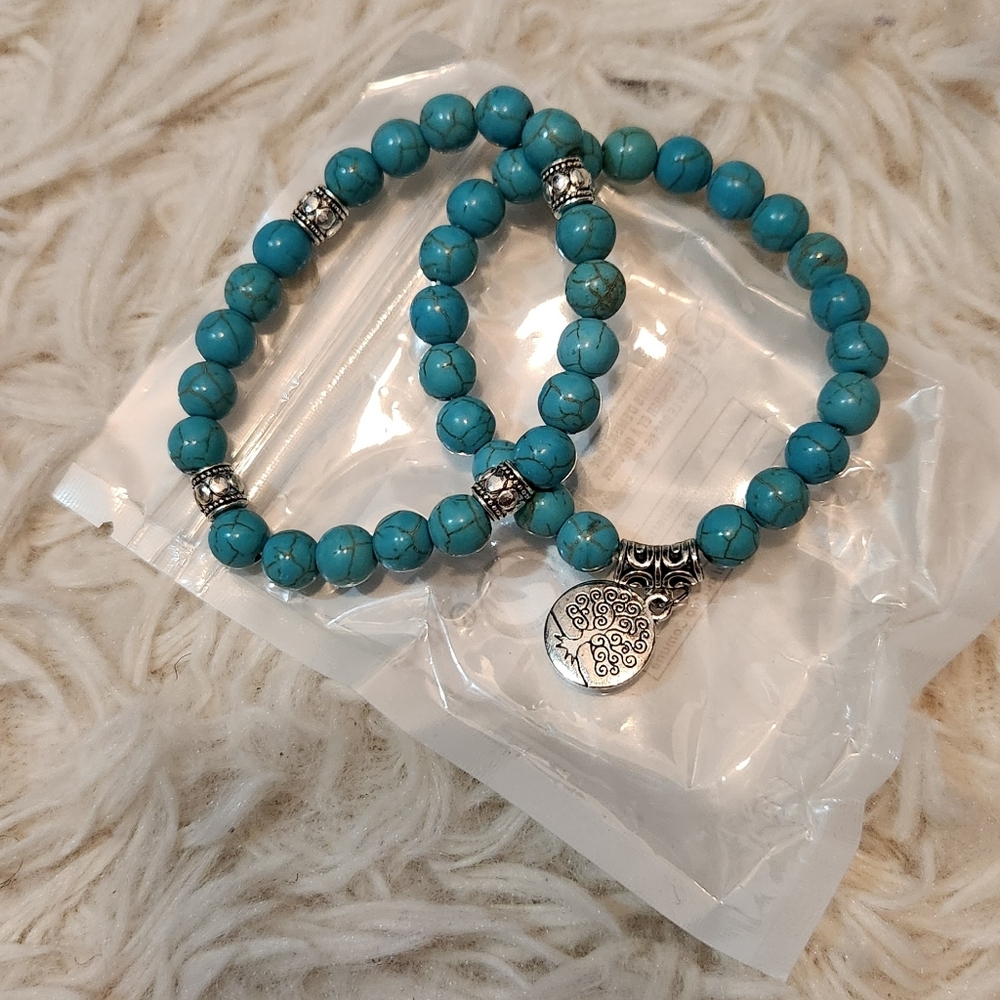 Turquoise Beaded Bracelet Set with Silver Accents